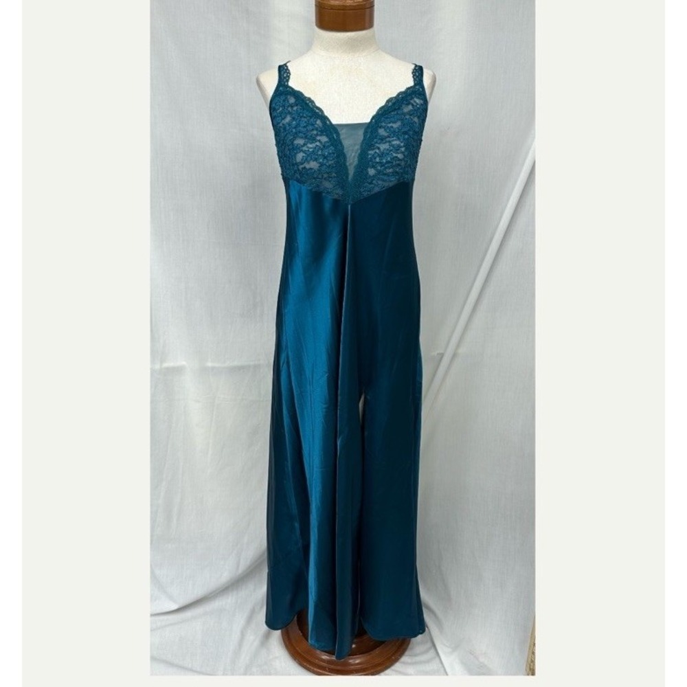 Vintage Victoria's Secret L Gold Label Teal Slip Dress Satin Lace Nightgown Maxi